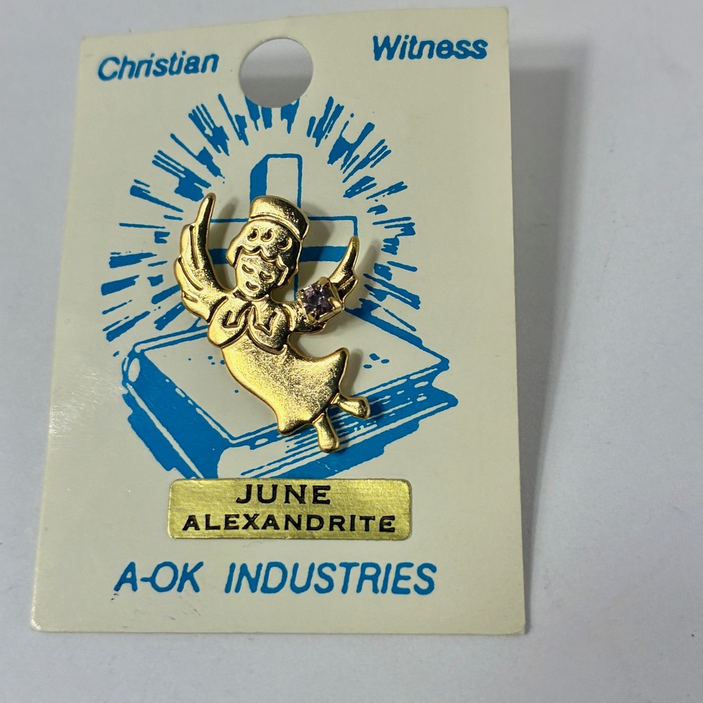VTG A-OK Industries June Alexandrite Angel Pin Christian Witness Gold Tone